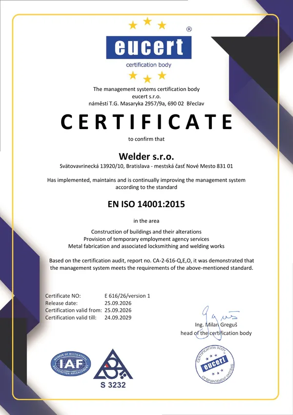 Certifikát EN ISO 14001:2015 pre Welder s.r.o., číslo E 616/26/version 1, vydaný spoločnosťou eucert s.r.o., platný od 25.09.2026 do 24.09.2029