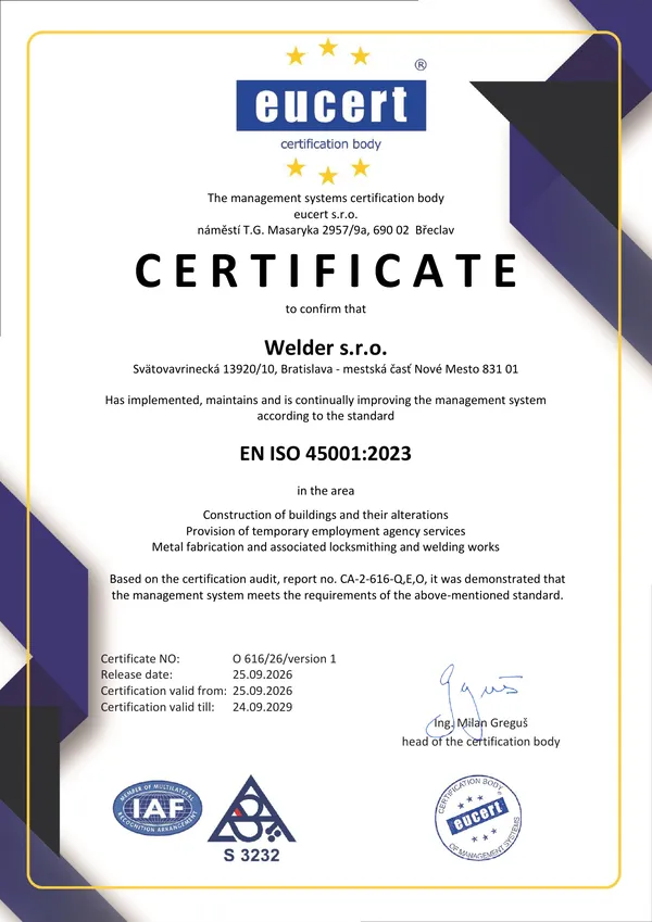 Certifikát EN ISO 45001:2023 pre Welder s.r.o., číslo O 616/26/version 1, vydaný spoločnosťou eucert s.r.o., platný od 25.09.2026 do 24.09.2029