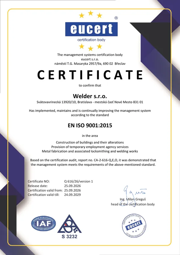 Certifikát EN ISO 9001:2015 pre Welder s.r.o., číslo Q 616/26/version 1, vydaný spoločnosťou eucert s.r.o., platný od 25.09.2026 do 24.09.2029